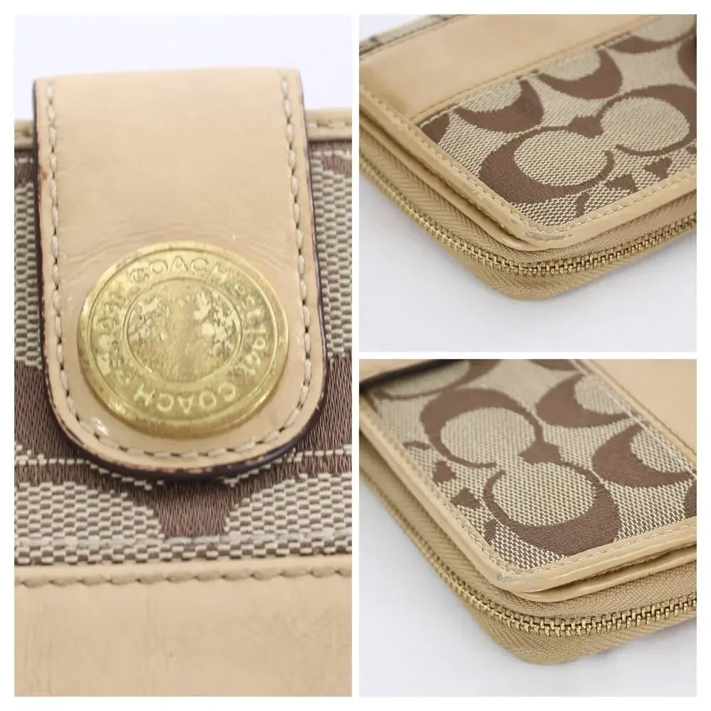 Coach Signature Stripe Checkbook Wallet Beige Brown Canvas Snap Closure